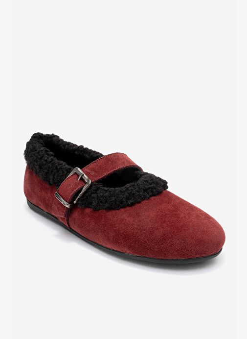 GUIN Bordo Süet Hakiki Deri Peluş Detaylı Kemerli Kadın Babet Ayakkabı - Görsel 4