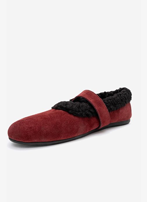 GUIN Bordo Süet Hakiki Deri Peluş Detaylı Kemerli Kadın Babet Ayakkabı - Görsel 5