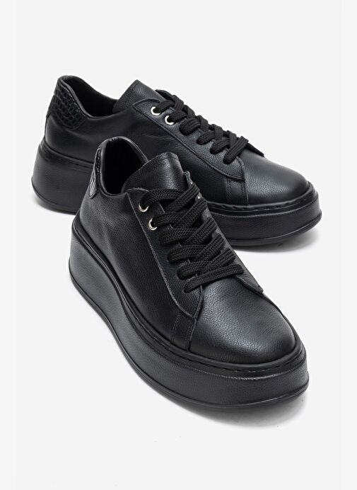 GUENO Siyah Siyah Cilt Hakiki Deri Kadın Spor Ayakkabı - Görsel 2