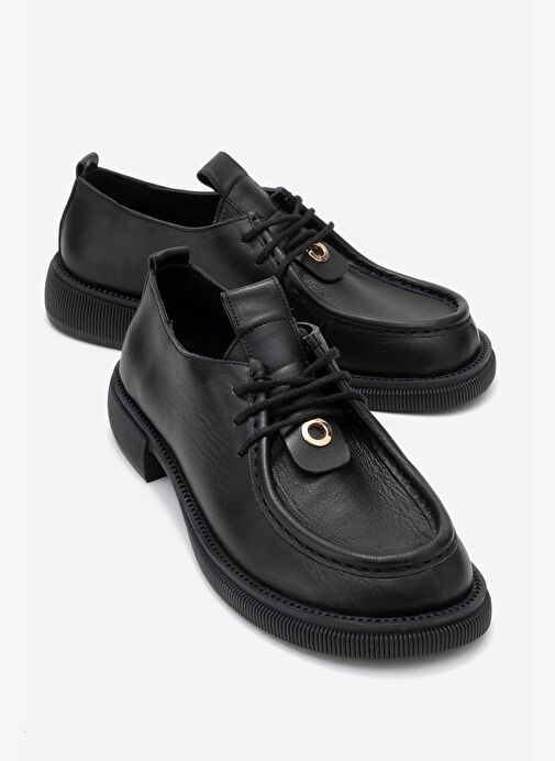 BAND Siyah Cilt Hakiki Deri Bağcıklı Kadın Loafer Ayakkabı - Görsel 2