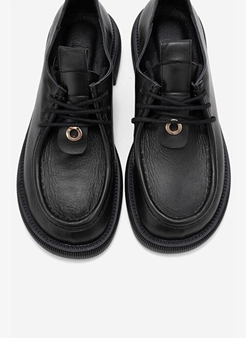 BAND Siyah Cilt Hakiki Deri Bağcıklı Kadın Loafer Ayakkabı - Görsel 3