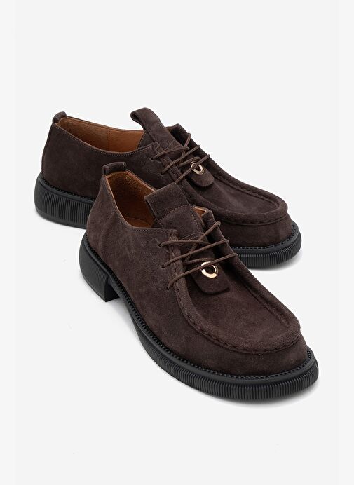 BAND Kahverengi Süet Hakiki Deri Bağcıklı Kadın Loafer Ayakkabı - Görsel 2