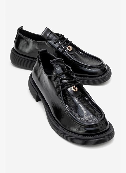 BAND Siyah Kırışık Rugan Hakiki Deri Bağcıklı Kadın Loafer Ayakkabı - Görsel 2