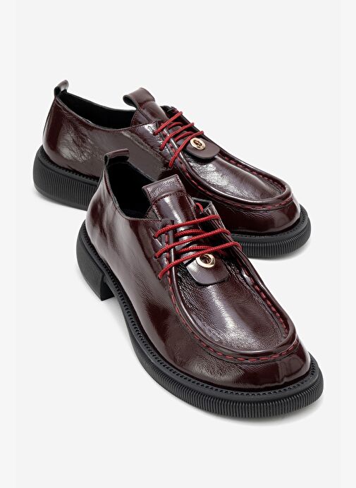 BAND Bordo Kırışık Rugan Hakiki Deri Bağcıklı Kadın Loafer Ayakkabı - Görsel 2