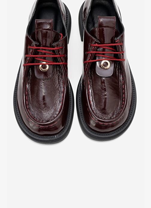 BAND Bordo Kırışık Rugan Hakiki Deri Bağcıklı Kadın Loafer Ayakkabı - Görsel 3
