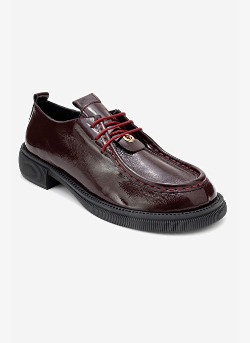 BAND Bordo Kırışık Rugan Hakiki Deri Bağcıklı Kadın Loafer Ayakkabı - Görsel 4