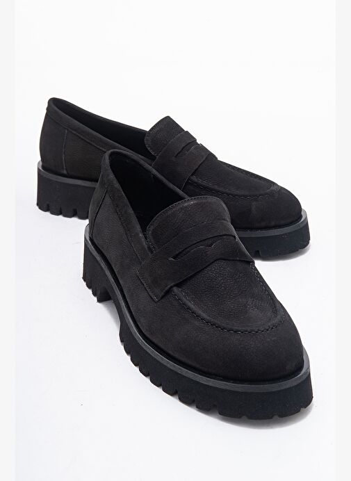 VIONEL Siyah Nubuk Hakiki Deri Kadın Loafer Ayakkabı - Görsel 2