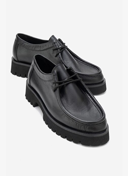 TALIA Siyah Cilt Hakiki Deri Bağcıklı Kadın Loafer Ayakkabı - Görsel 2