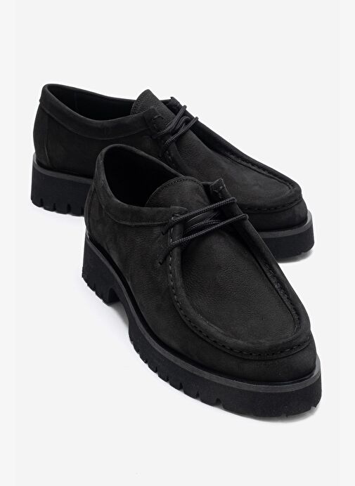 TALIA Siyah Nubuk Hakiki Deri Bağcıklı Kadın Loafer Ayakkabı - Görsel 2