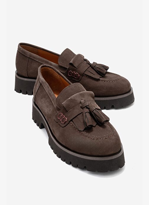 POEN Kahverengi Nubuk Hakiki Deri Püsküllü Kadın Loafer Ayakkabı - Görsel 2