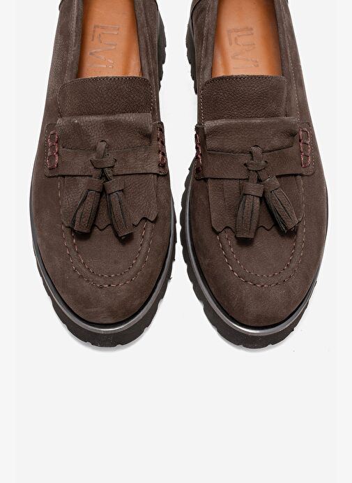 POEN Kahverengi Nubuk Hakiki Deri Püsküllü Kadın Loafer Ayakkabı - Görsel 3