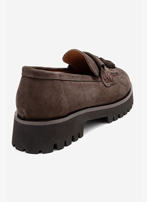POEN Kahverengi Nubuk Hakiki Deri Püsküllü Kadın Loafer Ayakkabı - Görsel 6