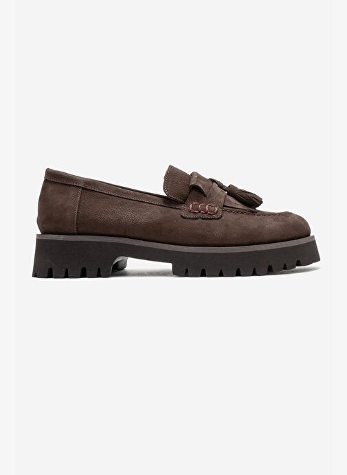 POEN Kahverengi Nubuk Hakiki Deri Püsküllü Kadın Loafer Ayakkabı - Görsel 7