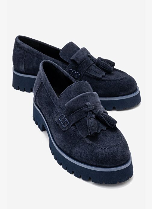 POEN Lacivert Süet Hakiki Deri Püsküllü Kadın Loafer Ayakkabı - Görsel 2