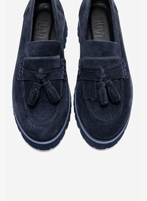 POEN Lacivert Süet Hakiki Deri Püsküllü Kadın Loafer Ayakkabı - Görsel 3