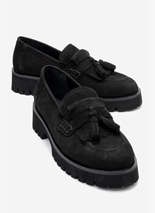 POEN Siyah Nubuk Hakiki Deri Püsküllü Kadın Loafer Ayakkabı - Görsel 2