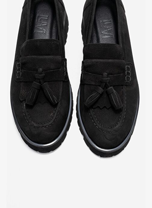 POEN Siyah Nubuk Hakiki Deri Püsküllü Kadın Loafer Ayakkabı - Görsel 3