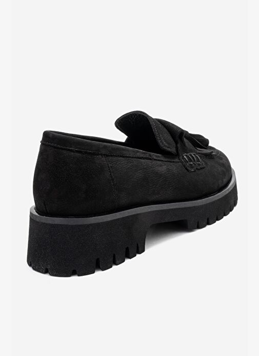 POEN Siyah Nubuk Hakiki Deri Püsküllü Kadın Loafer Ayakkabı - Görsel 6