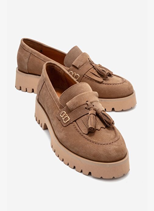 POEN Taba Nubuk Hakiki Deri Püsküllü Kadın Loafer Ayakkabı - Görsel 2