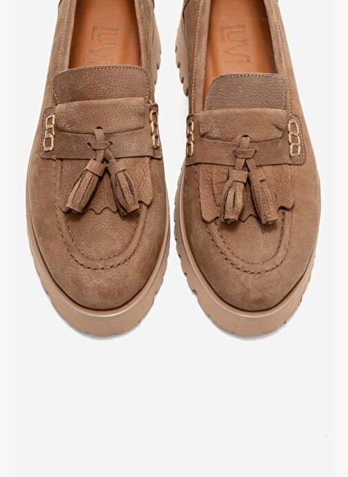 POEN Taba Nubuk Hakiki Deri Püsküllü Kadın Loafer Ayakkabı - Görsel 3