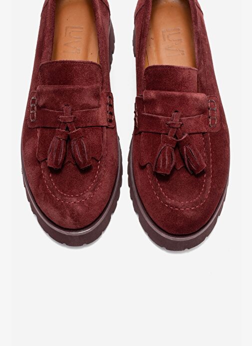 POEN Bordo Süet Hakiki Deri Püsküllü Kadın Loafer Ayakkabı - Görsel 3