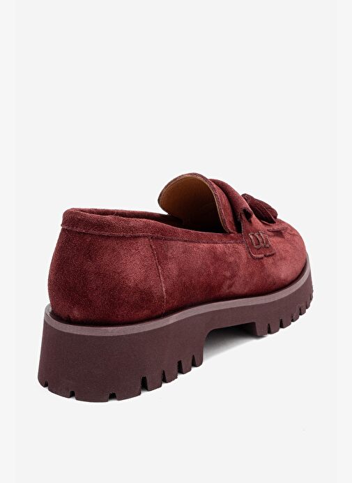 POEN Bordo Süet Hakiki Deri Püsküllü Kadın Loafer Ayakkabı - Görsel 6