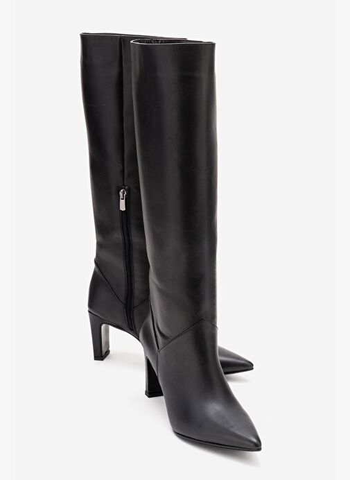 MERLA Siyah Cilt Hakiki Deri Kadın Topuklu Çizme - Görsel 2