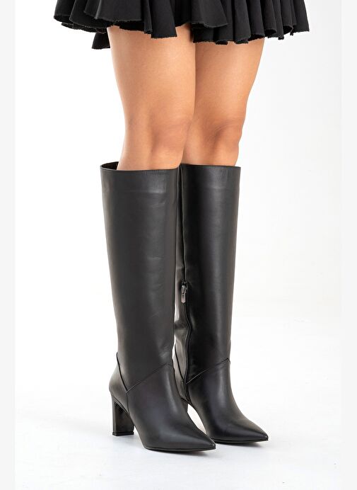 MERLA Siyah Cilt Hakiki Deri Kadın Topuklu Çizme - Görsel 5