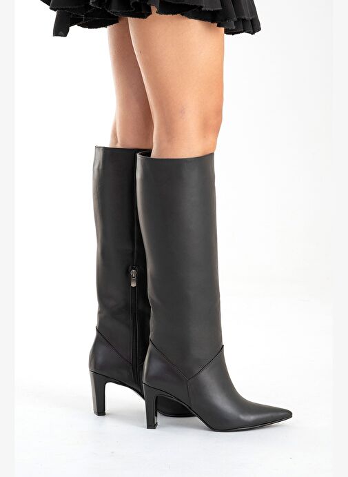 MERLA Siyah Cilt Hakiki Deri Kadın Topuklu Çizme - Görsel 6