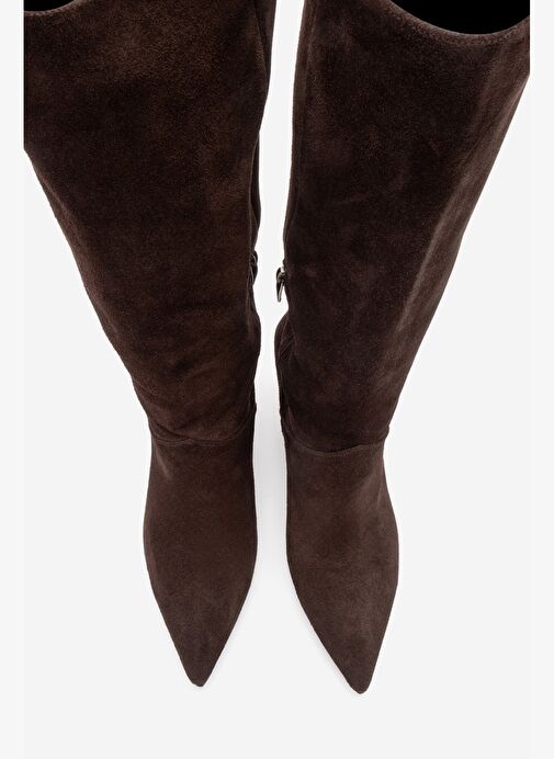 MERLA Kahverengi Süet Hakiki Deri Kadın Topuklu Çizme - Görsel 3