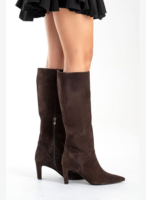 MERLA Kahverengi Süet Hakiki Deri Kadın Topuklu Çizme - Görsel 6