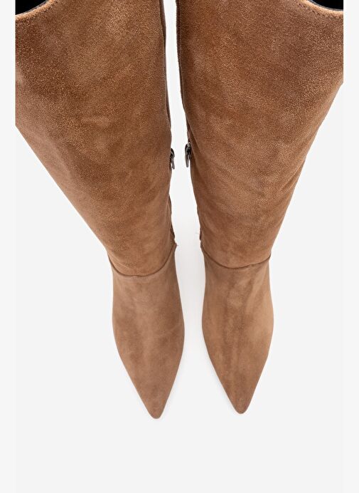 MERLA Toprak Süet Hakiki Deri Kadın Topuklu Çizme - Görsel 3