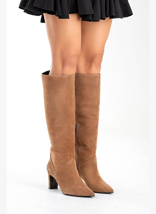 MERLA Toprak Süet Hakiki Deri Kadın Topuklu Çizme - Görsel 5