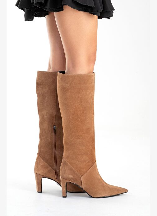 MERLA Toprak Süet Hakiki Deri Kadın Topuklu Çizme - Görsel 6