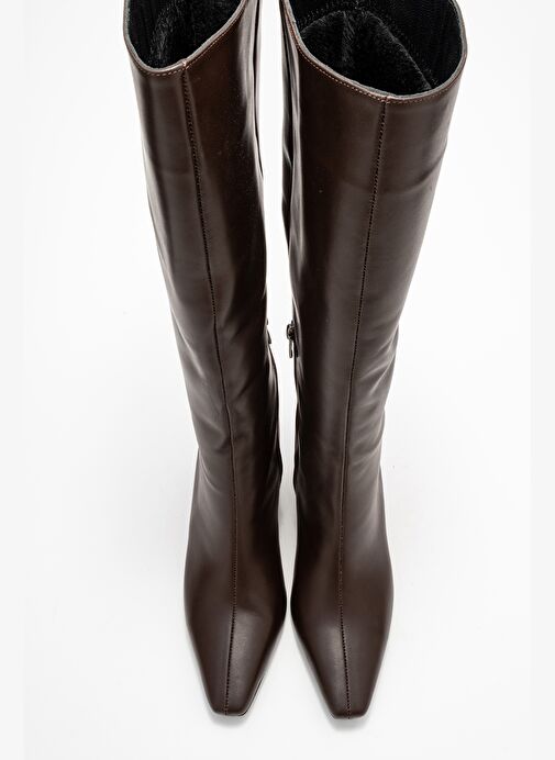 LUME Kahverengi Cilt Hakiki Deri Kadın Blok Topuklu Çizme - Görsel 3