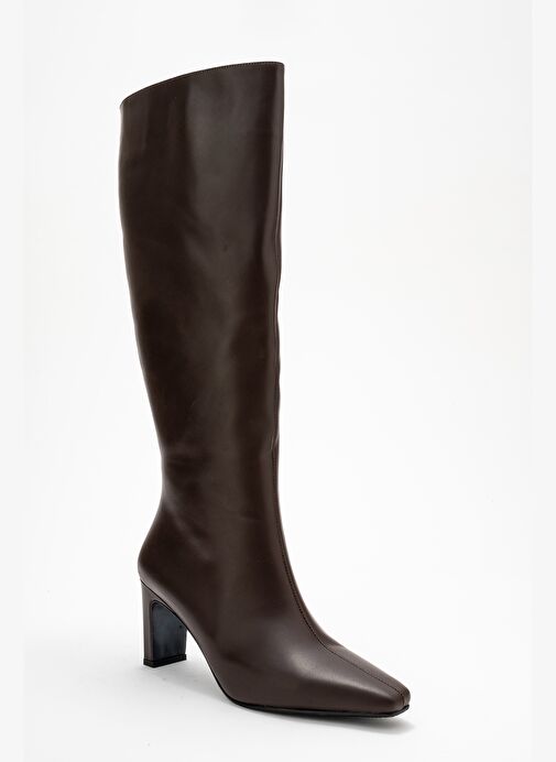LUME Kahverengi Cilt Hakiki Deri Kadın Blok Topuklu Çizme - Görsel 4