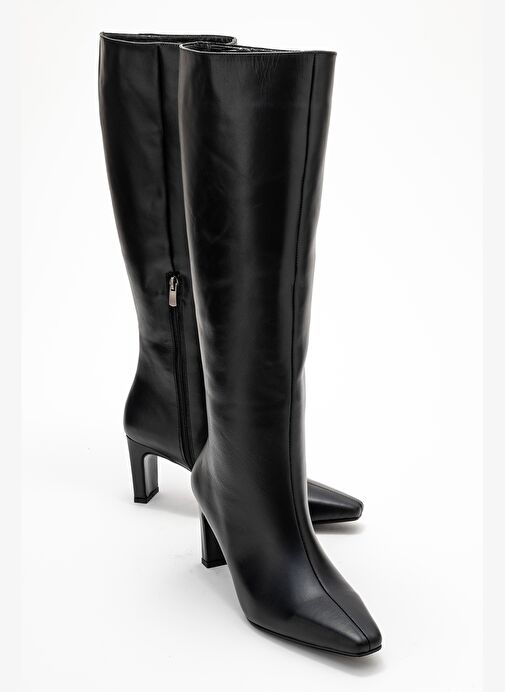 LUME Siyah Cilt Hakiki Deri Kadın Blok Topuklu Çizme - Görsel 2