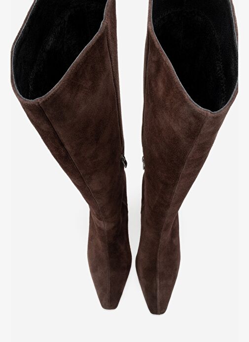 LUME Kahverengi Süet Hakiki Deri Kadın Blok Topuklu Çizme - Görsel 3