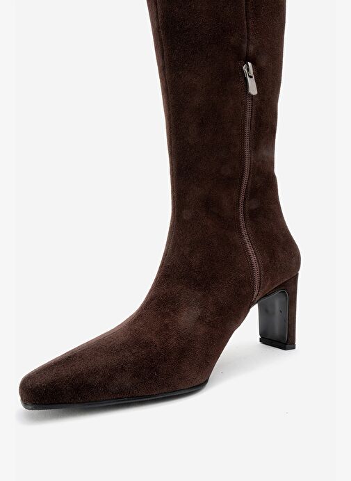 LUME Kahverengi Süet Hakiki Deri Kadın Blok Topuklu Çizme - Görsel 5