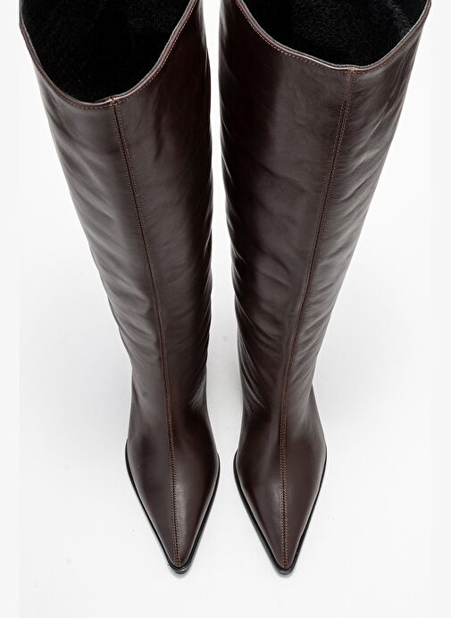 SIORA Kahverengi Cilt Hakiki Deri Kadın Kısa Topuklu Çizme - Görsel 3