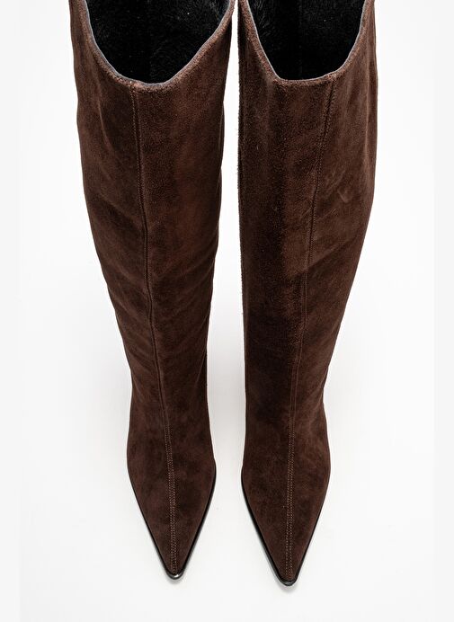 SIORA Kahverengi Süet Hakiki Deri Kadın Kısa Topuklu Çizme - Görsel 3