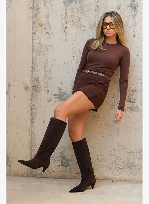 SIORA Kahverengi Süet Hakiki Deri Kadın Kısa Topuklu Çizme - Görsel 9