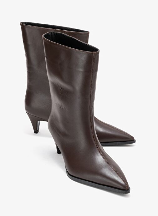 ALEO Kahverengi Cilt Hakiki Deri Sivri Burunlu Kadın Kısa Topuklu Bot - Görsel 2