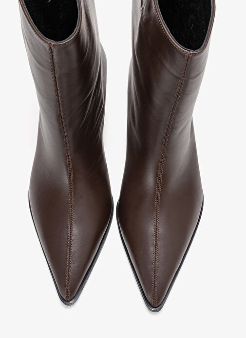 ALEO Kahverengi Cilt Hakiki Deri Sivri Burunlu Kadın Kısa Topuklu Bot - Görsel 3