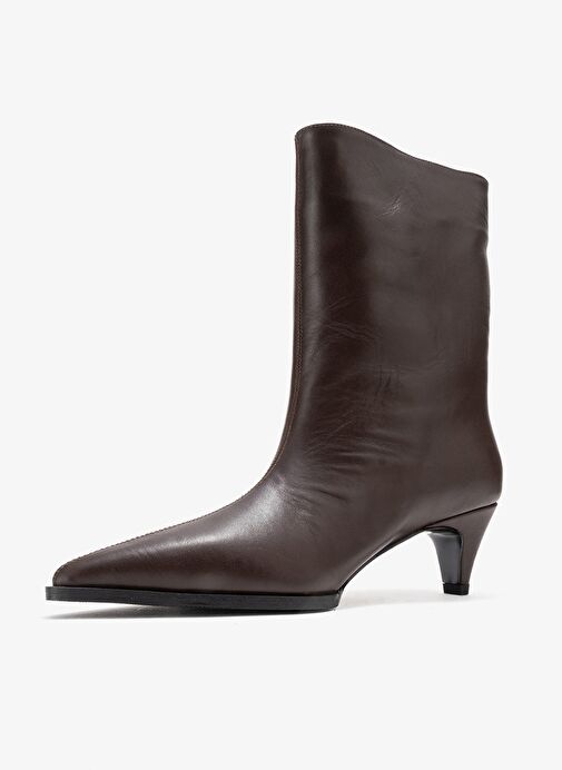 ALEO Kahverengi Cilt Hakiki Deri Sivri Burunlu Kadın Kısa Topuklu Bot - Görsel 5