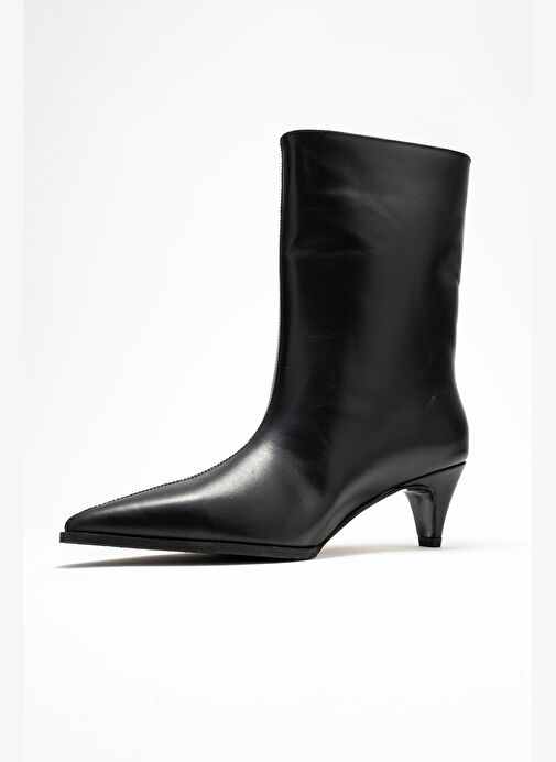ALEO Siyah Cilt Hakiki Deri Sivri Burunlu Kadın Kısa Topuklu Bot - Görsel 5