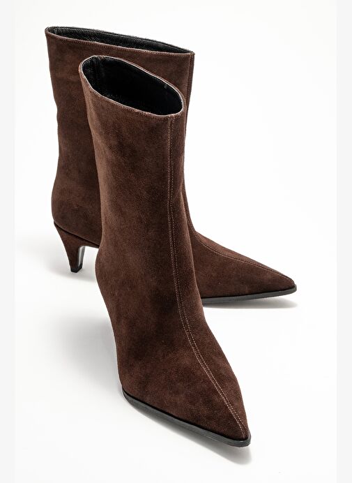 ALEO Kahverengi Süet Hakiki Deri Sivri Burunlu Kadın Kısa Topuklu Bot - Görsel 2
