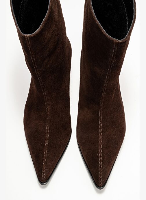 ALEO Kahverengi Süet Hakiki Deri Sivri Burunlu Kadın Kısa Topuklu Bot - Görsel 3