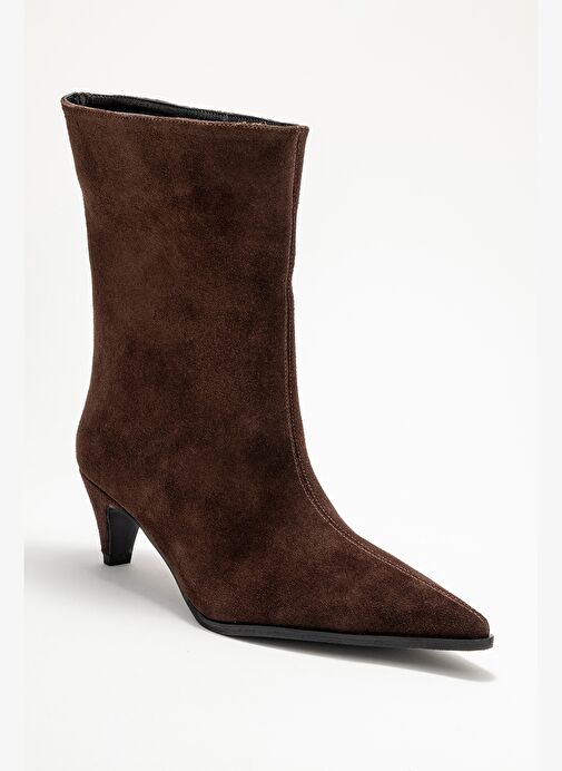 ALEO Kahverengi Süet Hakiki Deri Sivri Burunlu Kadın Kısa Topuklu Bot - Görsel 4
