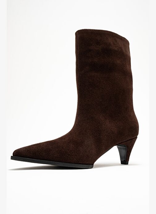 ALEO Kahverengi Süet Hakiki Deri Sivri Burunlu Kadın Kısa Topuklu Bot - Görsel 5